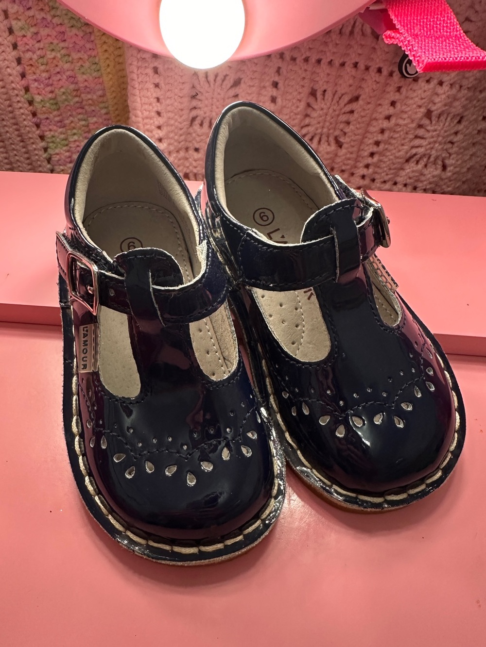 L'Amour Girls Navy Patent T-Strap Dress Shoes with Buckle